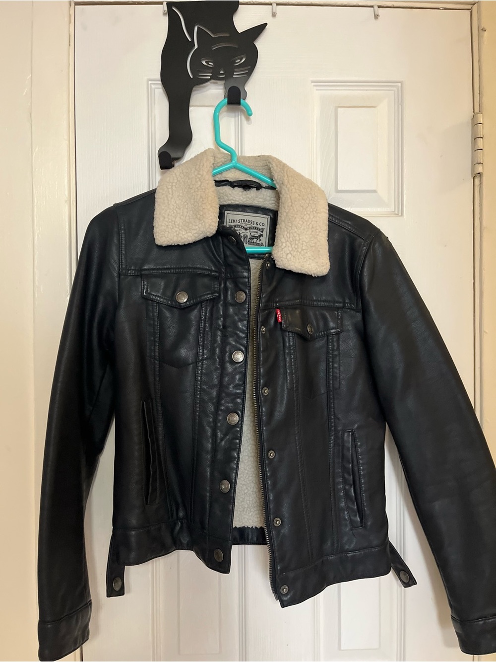 Levi's Black Faux-Leather Jacket with Cream Sherpa Collar